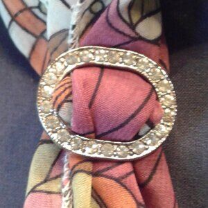 Vintage Scarf Brooch Decor Rhinestones on Silver Medal